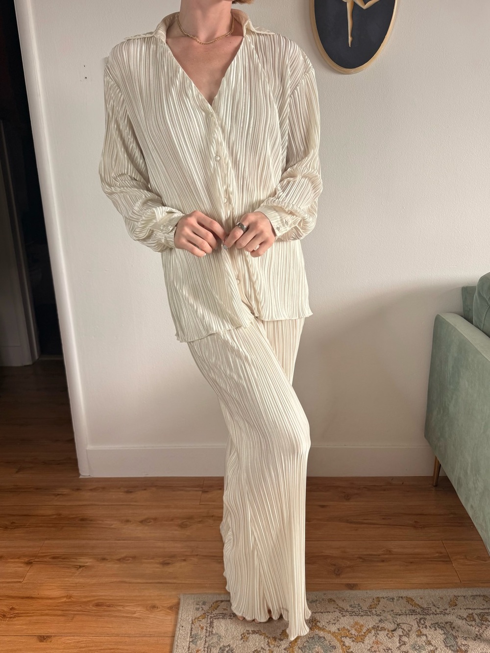 Showpo Cream Pleated Satin Pantsuit Set